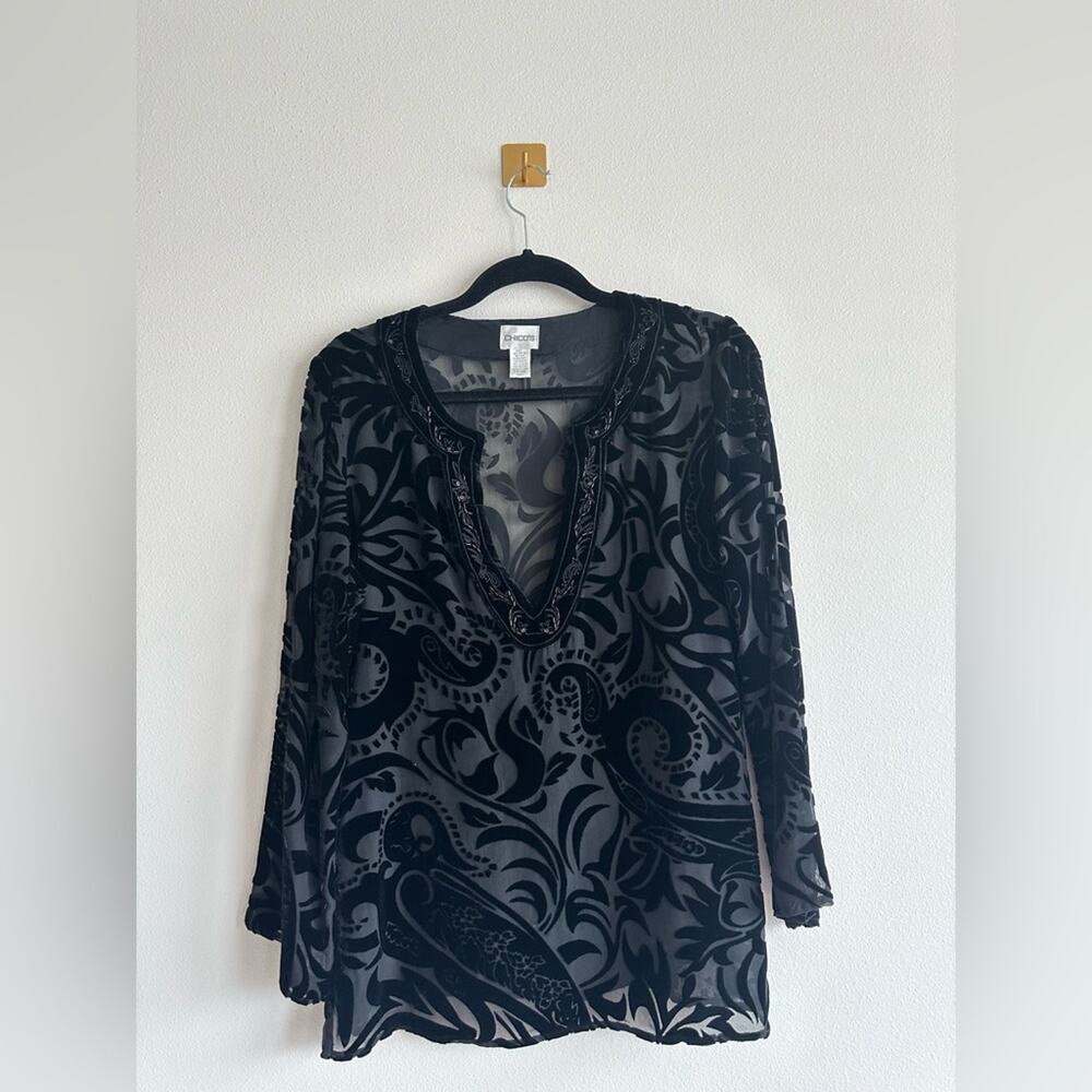 Vintage Chico’s Burnout Silk & Velvet Beaded Tunic Top Black Sheer Size 1 (M)